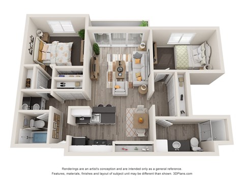 Floor plan for 2 beds, 2 baths, 950 sqft